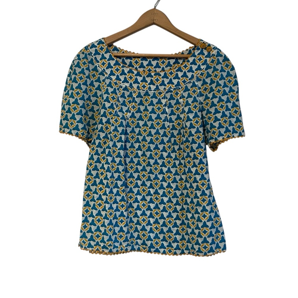 Tory Burch Ruffle Cotton Blouse Shirt Yellow Blue Size 8 Women’s Short Sleeve